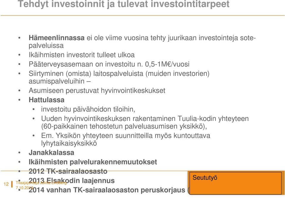 0,5-1M /vuosi Siirtyminen (omista) laitospalveluista (muiden investorien) asumispalveluihin Asumiseen perustuvat hyvinvointikeskukset Hattulassa investoitu päivähoidon tiloihin,