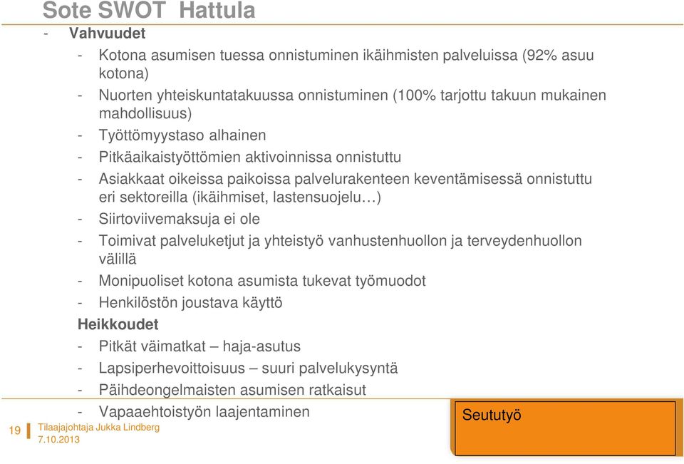 sektoreilla (ikäihmiset, lastensuojelu ) - Siirtoviivemaksuja ei ole - Toimivat palveluketjut ja yhteistyö vanhustenhuollon ja terveydenhuollon välillä - Monipuoliset kotona asumista