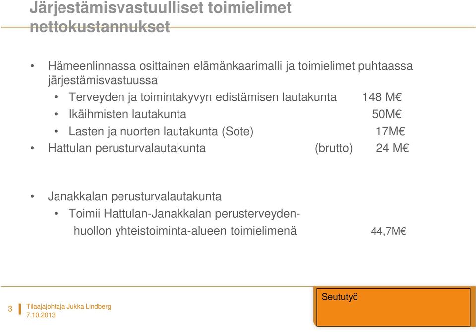 Ikäihmisten lautakunta 50M Lasten ja nuorten lautakunta (Sote) 17M Hattulan perusturvalautakunta (brutto) 24