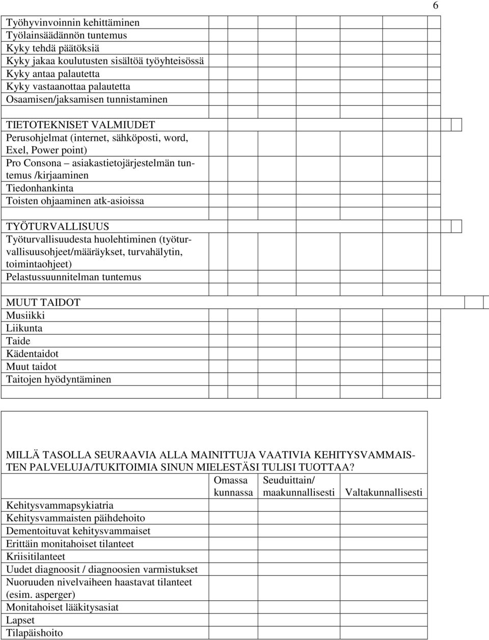 atk-asioissa TYÖTURVALLISUUS Työturvallisuudesta huolehtiminen (työturvallisuusohjeet/määräykset, turvahälytin, toimintaohjeet) Pelastussuunnitelman tuntemus MUUT TAIDOT Musiikki Liikunta Taide