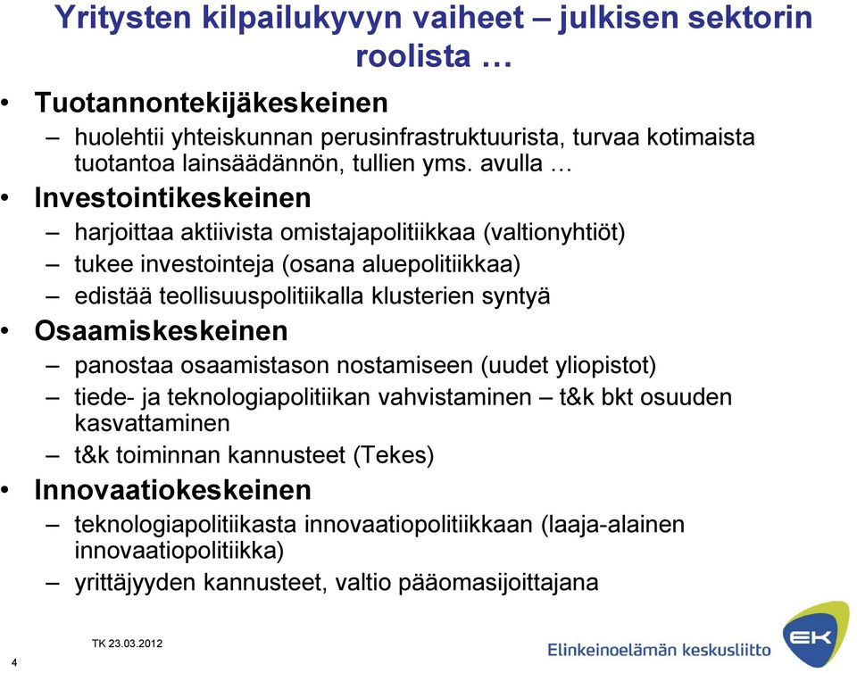 avulla Investointikeskeinen harjoittaa aktiivista omistajapolitiikkaa (valtionyhtiöt) tukee investointeja (osana aluepolitiikkaa) edistää teollisuuspolitiikalla klusterien