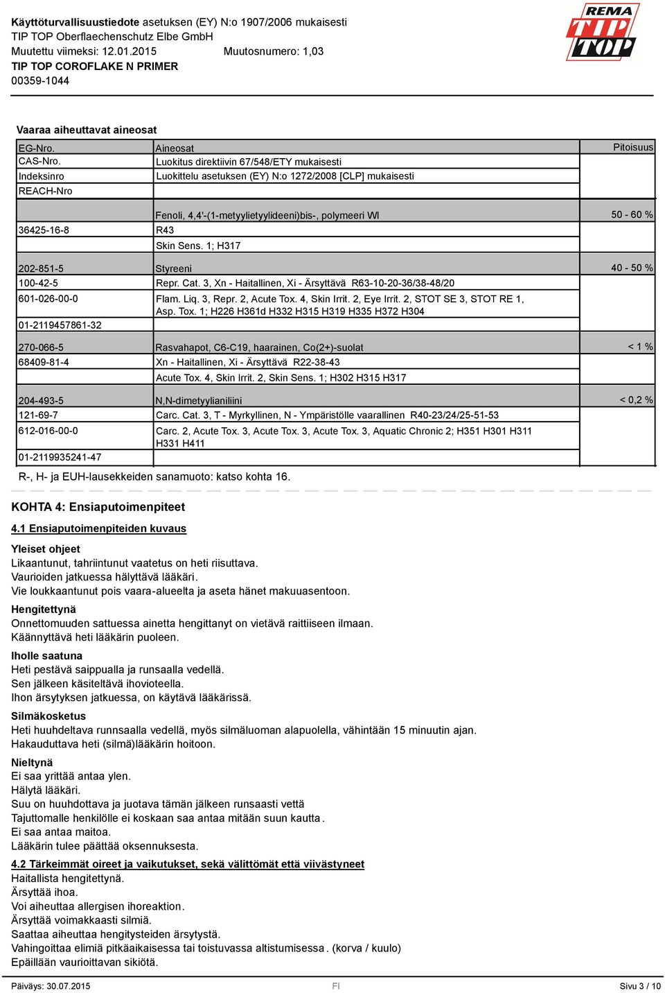 68409-81-4 Fenoli, 4,4'-(1-metyylietyylideeni)bis-, polymeeri WI R4 Skin Sens. 1; H17 Styreeni Repr. Cat., Xn - Haitallinen, Xi - Ärsyttävä R6-10-20-6/8-48/20 Flam. Liq., Repr. 2, Acute Tox.