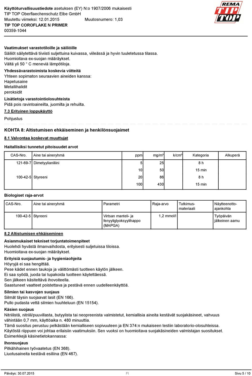 Yhdessävarastoimista koskevia viitteitä Yhteen sopimaton seuraavien aineiden kanssa: Hapetusaine Metallihalidit peroksidit Lisätietoja varastointiolosuhteista Pidä pois ravintoaineilta, juomilta ja