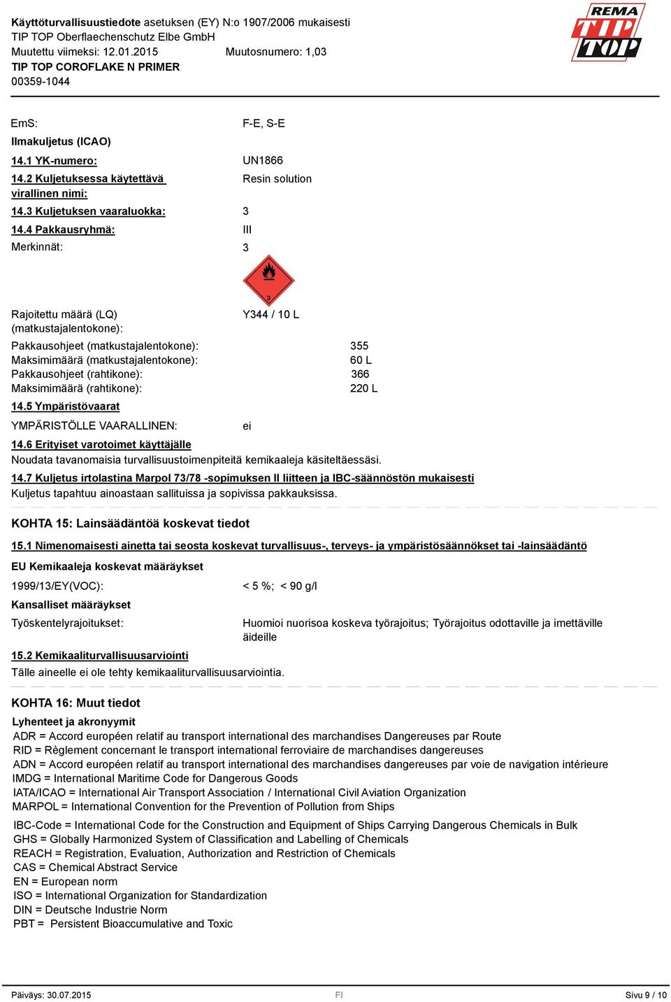 Maksimimäärä (rahtikone): 14.5 Ympäristövaarat YMPÄRISTÖLLE VAARALLINEN: Y44 / 10 L ei 55 60 L 66 220 L 14.