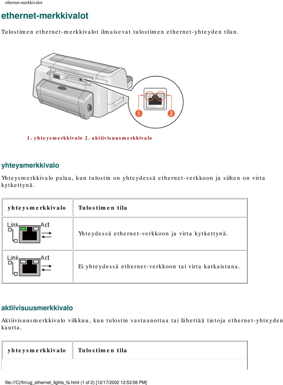 yhteysmerkkivalo Tulostimen tila Yhteydessä ethernet-verkkoon ja virta kytkettynä. Ei yhteydessä ethernet-verkkoon tai virta katkaistuna.