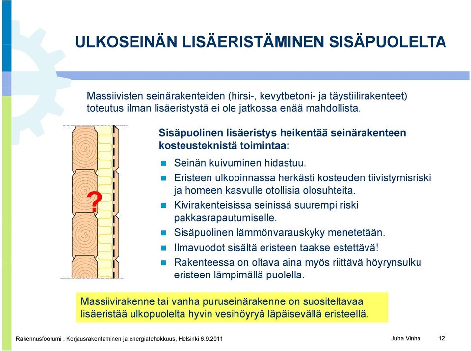 ja homeen kasvulle otollisia olosuhteita. Kivirakenteisissa seinissä suurempi riski pakkasrapautumiselle. Sisäpuolinen lämmönvarauskyky menetetään. Ilmavuodot sisältä eristeen taakse estettävä!