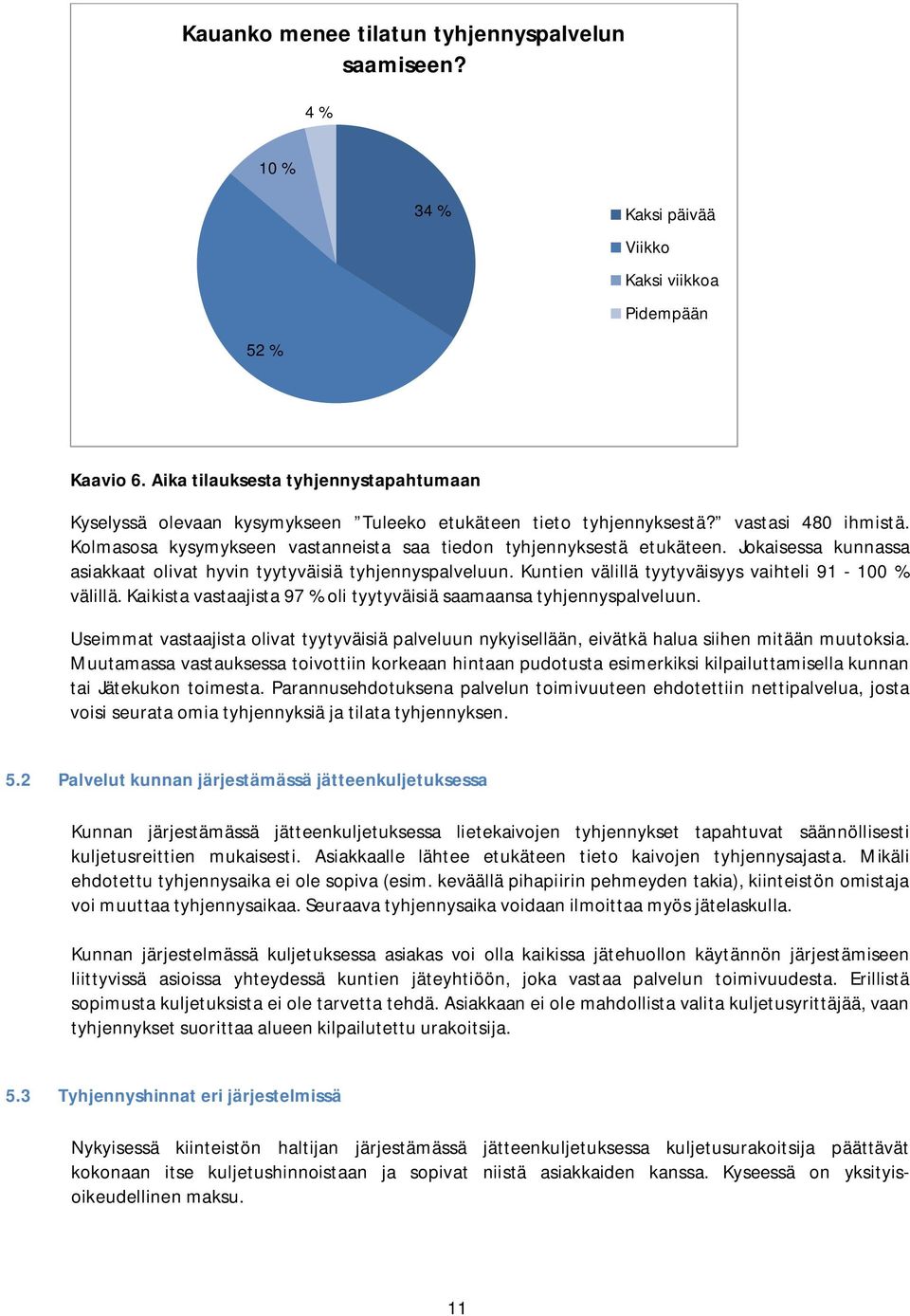 Jokaisessa kunnassa asiakkaat olivat hyvin tyytyväisiä tyhjennyspalveluun. Kuntien välillä tyytyväisyys vaihteli 91-100 % välillä.