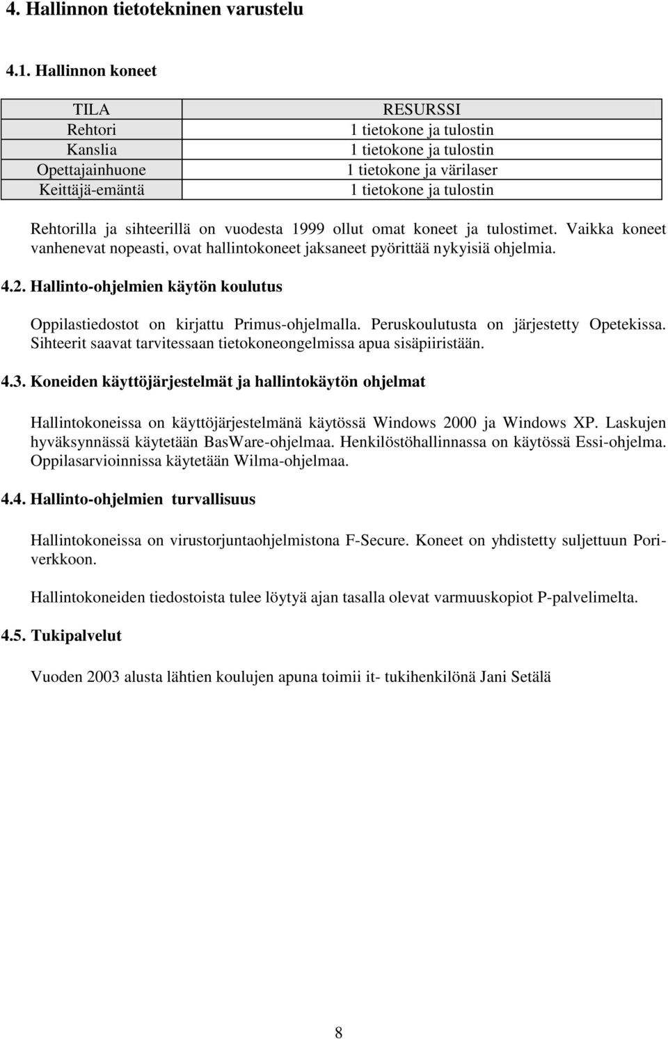 sihteerillä on vuodesta 1999 ollut omat koneet ja tulostimet. Vaikka koneet vanhenevat nopeasti, ovat hallintokoneet jaksaneet pyörittää nykyisiä ohjelmia. 4.2.