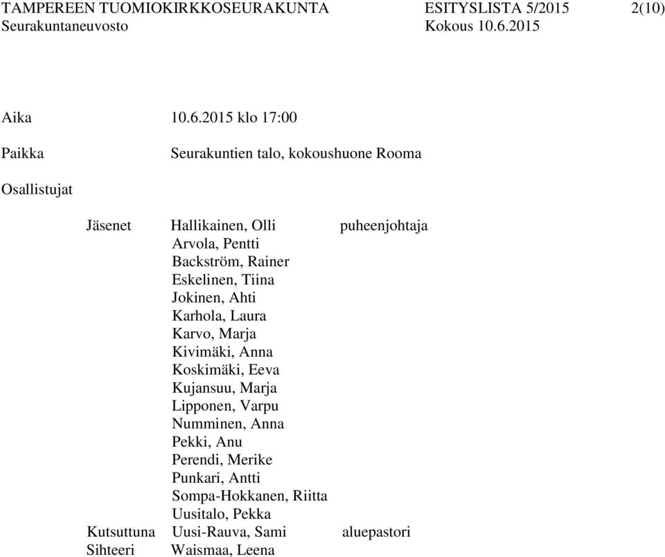 Backström, Rainer Eskelinen, Tiina Jokinen, Ahti Karhola, Laura Karvo, Marja Kivimäki, Anna Koskimäki, Eeva Kujansuu, Marja