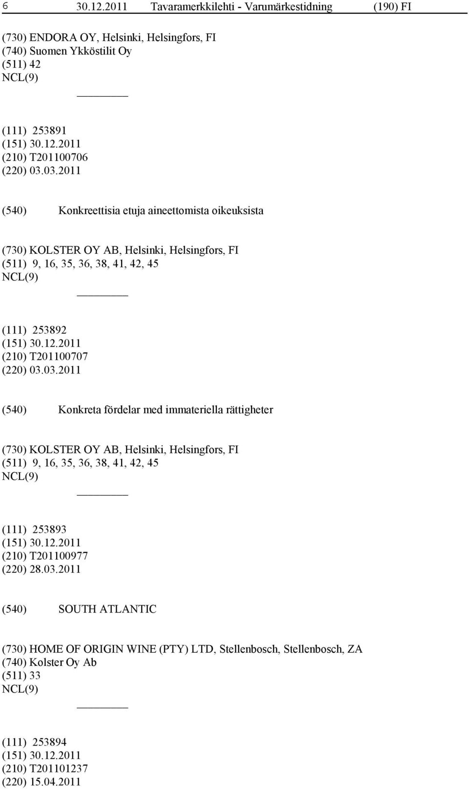 03.2011 Konkreettisia etuja aineettomista oikeuksista (730) KOLSTER OY AB, Helsinki, Helsingfors, FI (511) 9, 16, 35, 36, 38, 41, 42, 45 (111) 253892 (210) T201100707 (220)