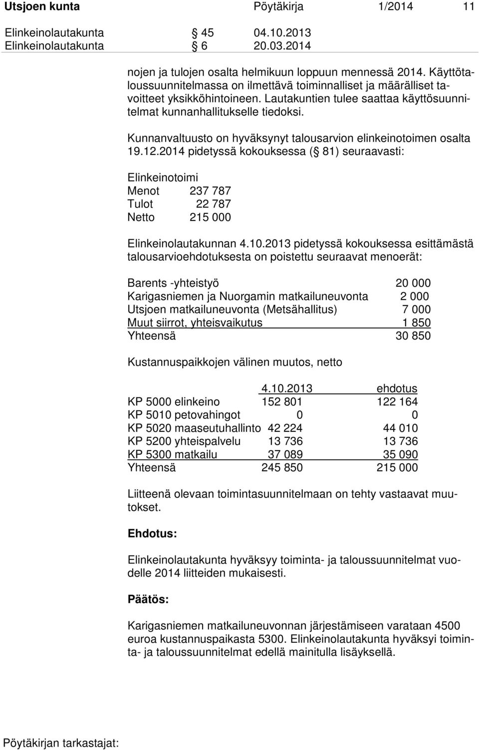 Kunnanvaltuusto on hyväksynyt talousarvion elinkeinotoimen osalta 19.12.2014 pidetyssä kokouksessa ( 81) seuraavasti: Elinkeinotoimi Menot 237 787 Tulot 22 787 Netto 215 000 Elinkeinolautakunnan 4.10.
