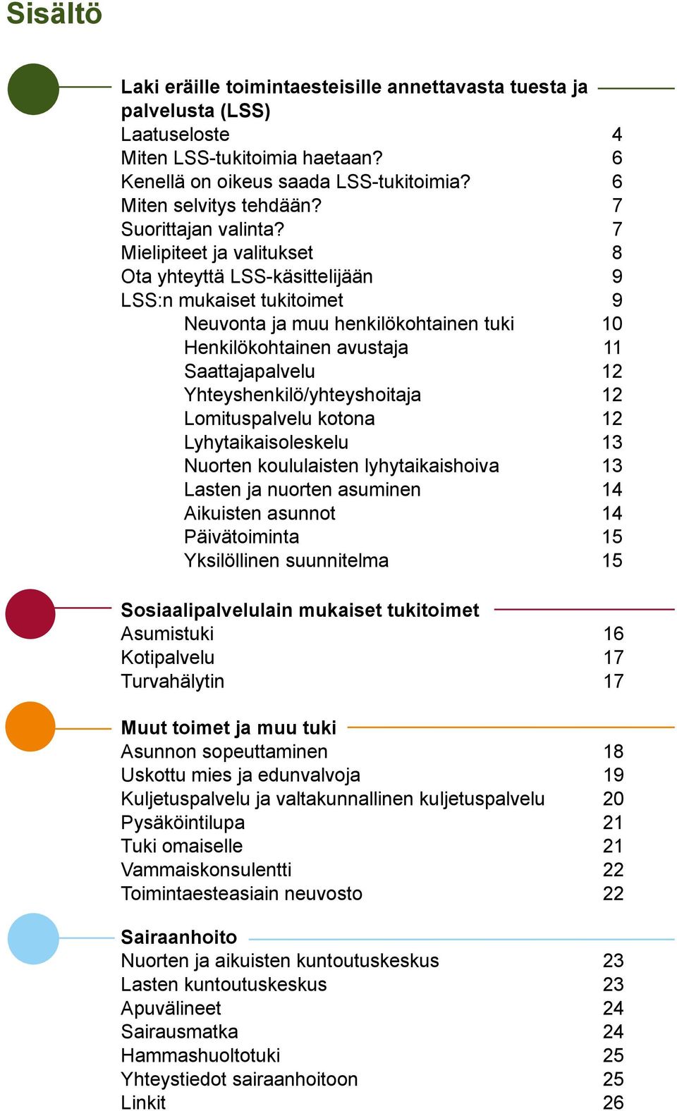 7 Mielipiteet ja valitukset 8 Ota yhteyttä LSS-käsittelijään 9 LSS:n mukaiset tukitoimet 9 Neuvonta ja muu henkilökohtainen tuki 10 Henkilökohtainen avustaja 11 Saattajapalvelu 12