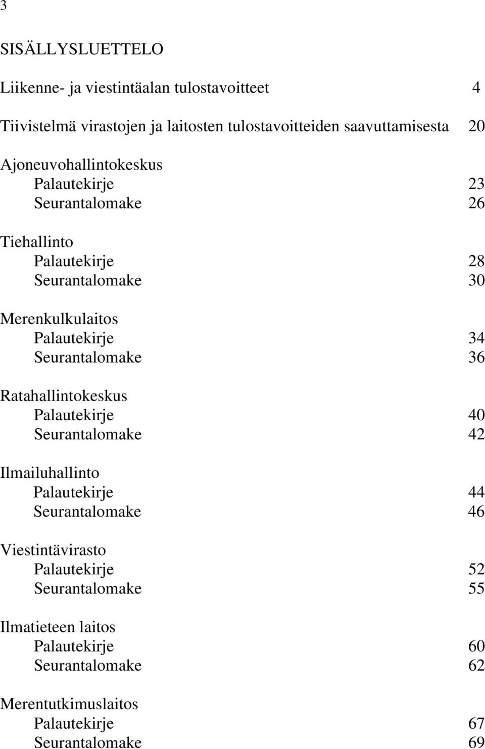 Seurantalomake 36 Ratahallintokeskus Palautekirje 40 Seurantalomake 42 Ilmailuhallinto Palautekirje 44 Seurantalomake 46 Viestintävirasto