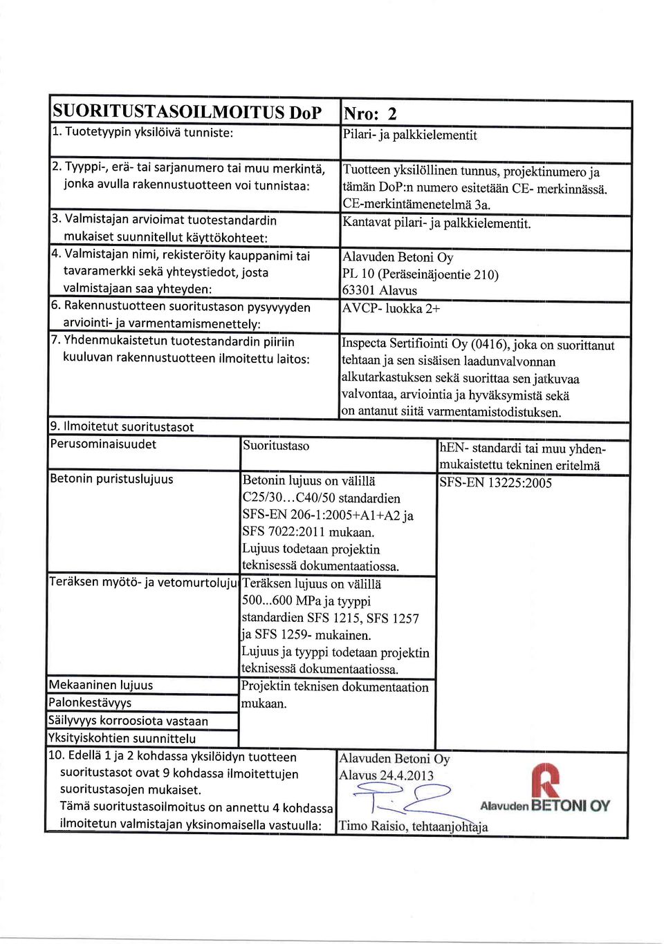 CE-merkintiimenete lmti 3 a. 3. Valmistajan arvioimatuotestandardin Kantavat pilari- ja palkkielementit. mukaiset suunnitellut kdyttokohteet: 4.