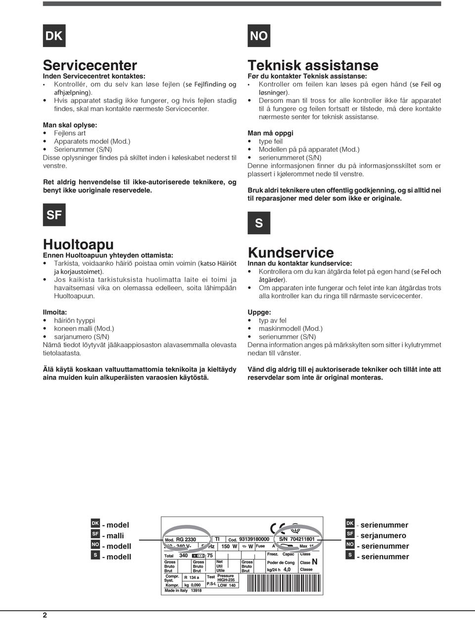 ) Serienummer (S/N) Disse oplysninger findes på skiltet inden i køleskabet nederst til venstre. Ret aldrig henvendelse til ikke-autoriserede teknikere, og benyt ikke uoriginale reservedele.