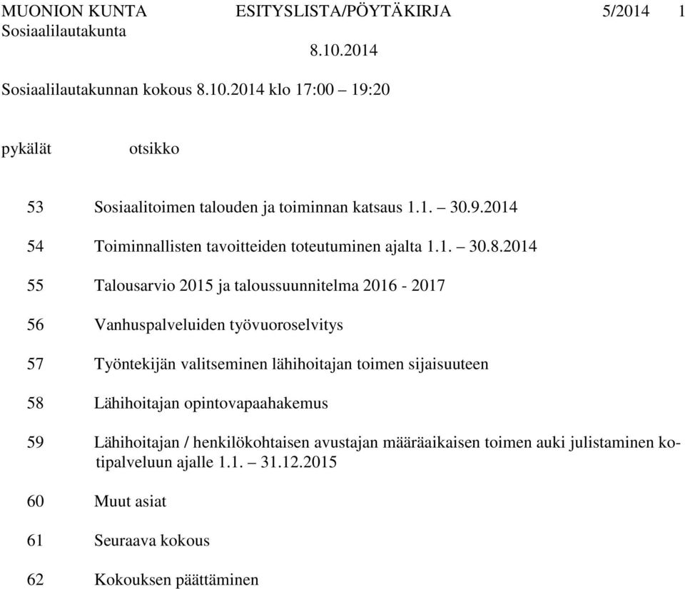 2014 55 Talousarvio 2015 ja taloussuunnitelma 2016-2017 56 Vanhuspalveluiden työvuoroselvitys 57 Työntekijän valitseminen lähihoitajan toimen