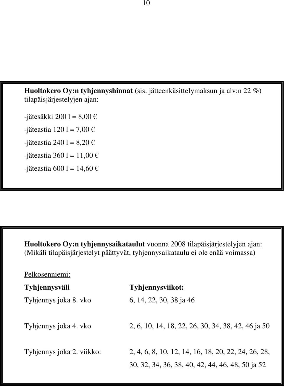 -jäteastia 600 l = 14,60 Huoltokero Oy:n tyhjennysaikataulut vuonna 2008 tilapäisjärjestelyjen ajan: (Mikäli tilapäisjärjestelyt päättyvät, tyhjennysaikataulu ei ole