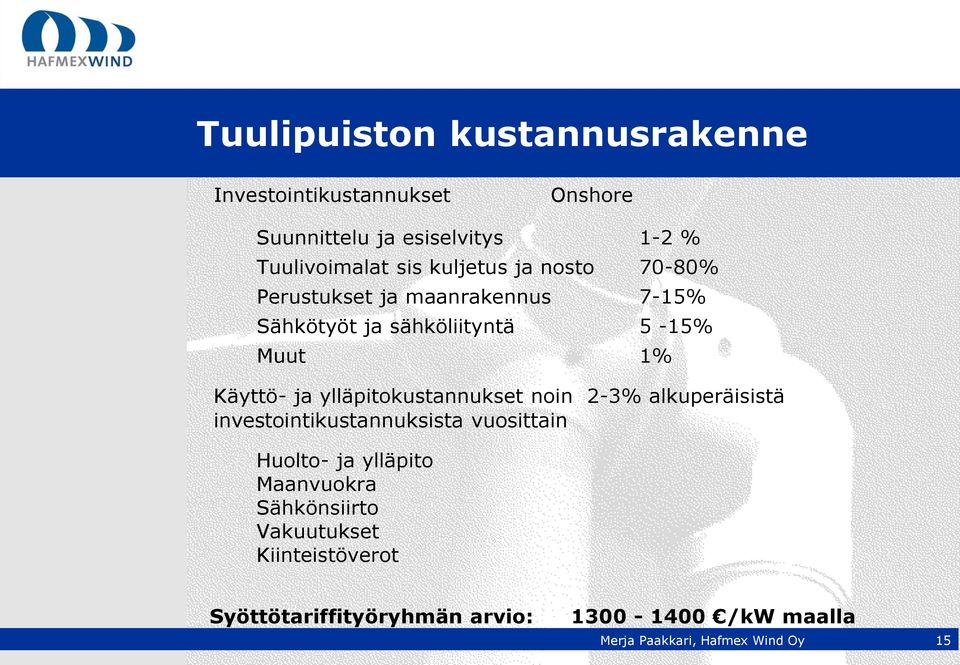 5-15% Muut 1% Käyttö- ja ylläpitokustannukset noin 2-3% alkuperäisistä investointikustannuksista vuosittain