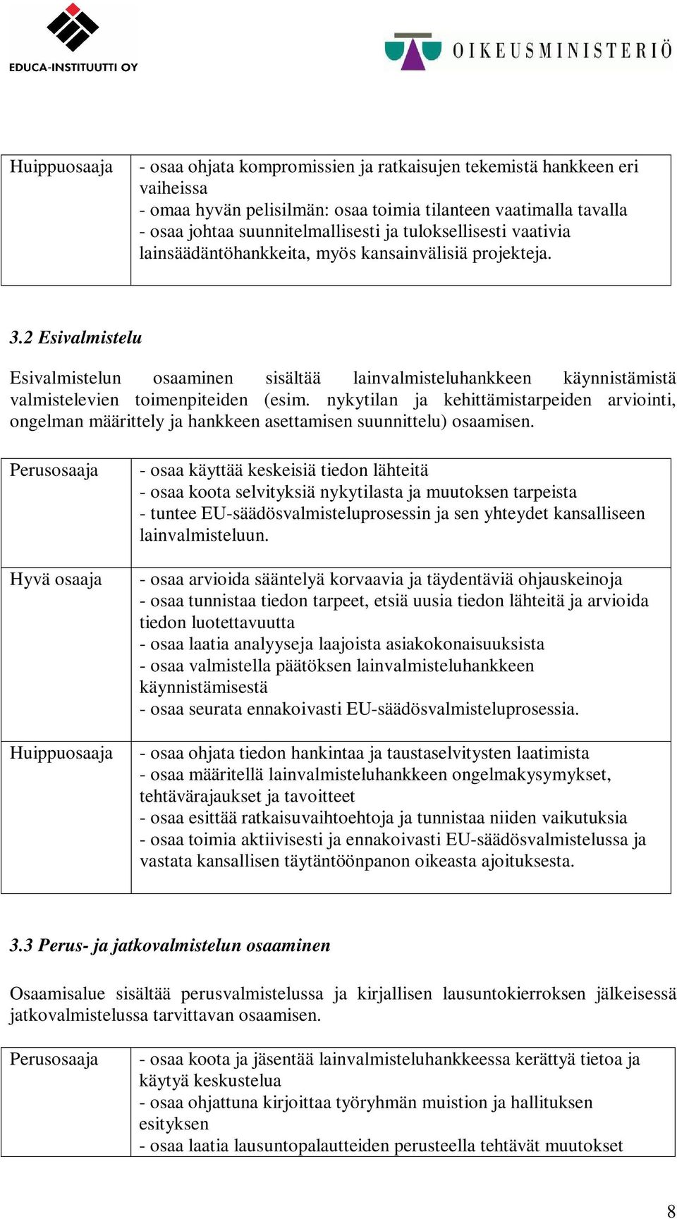 nykytilan ja kehittämistarpeiden arviointi, ongelman määrittely ja hankkeen asettamisen suunnittelu) osaamisen.