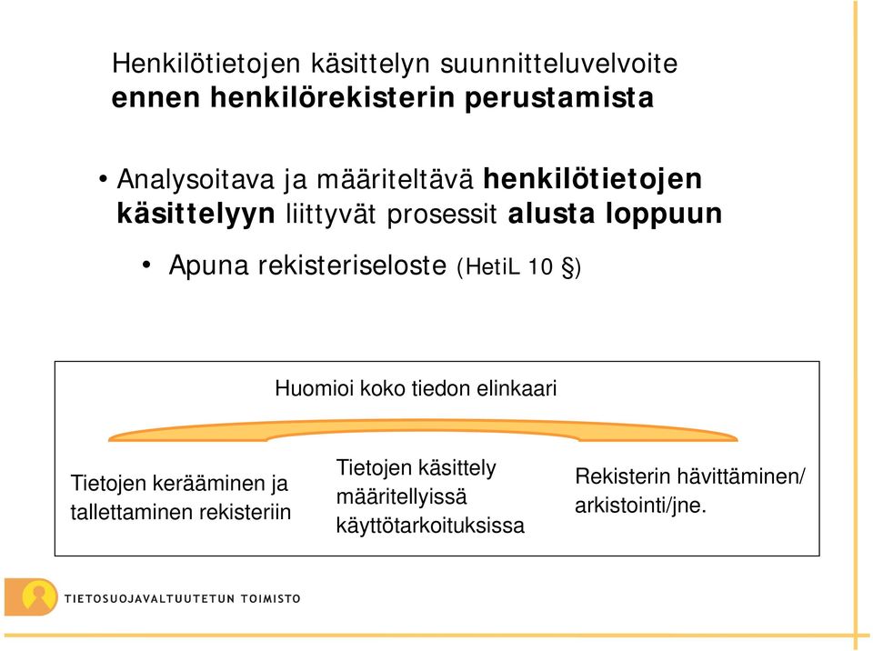 rekisteriseloste (HetiL 10 ) Huomioi koko tiedon elinkaari Tietojen kerääminen ja tallettaminen