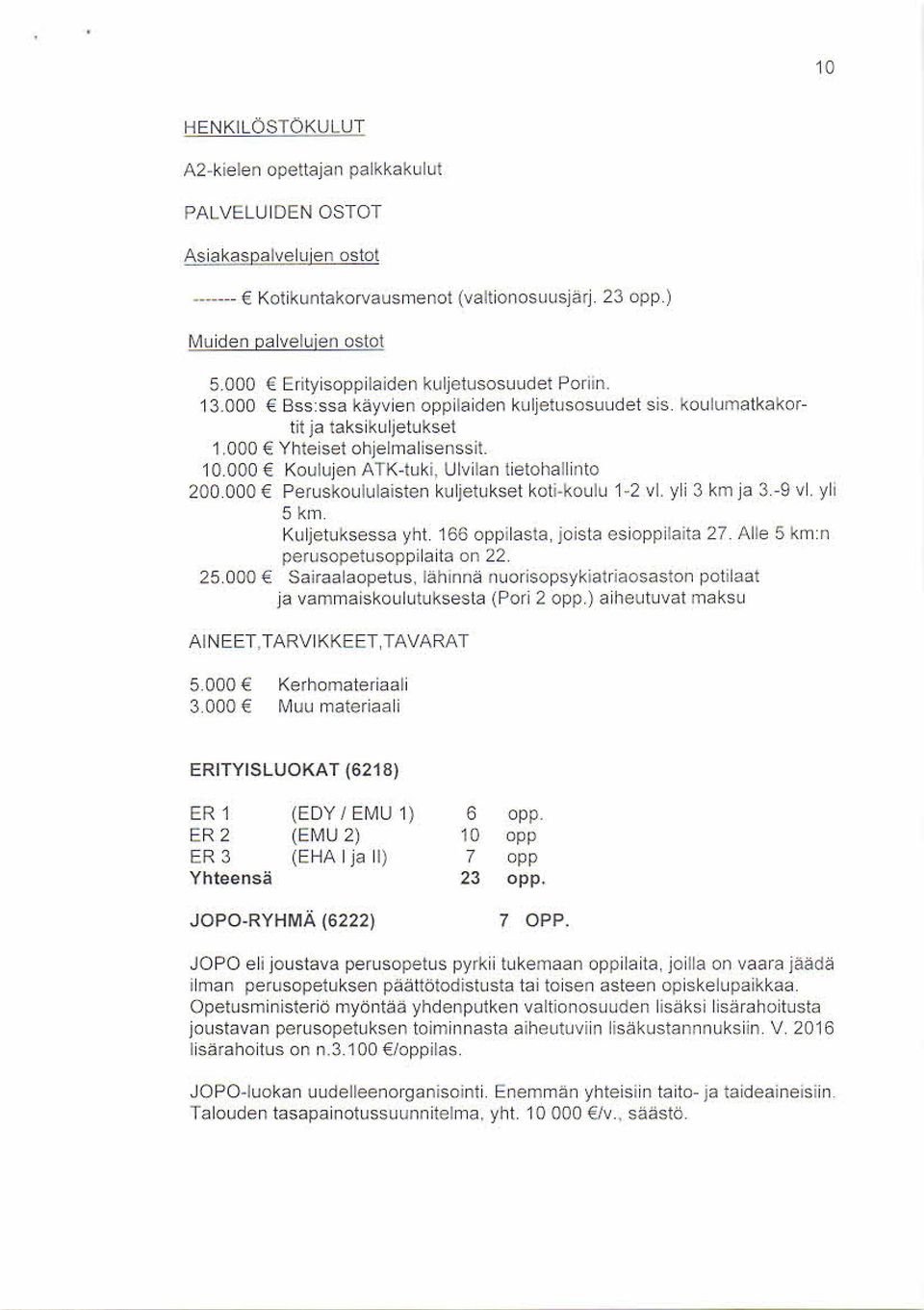 Alle 5 km:n perus opetus oppilaita on 22. Sairaalaopetus, lähinnä nuorisopsykiatriaosaston potilaat ja vammaiskoulutuksesta (Pori 2 opp.) aiheutuvat maksu AINEET.