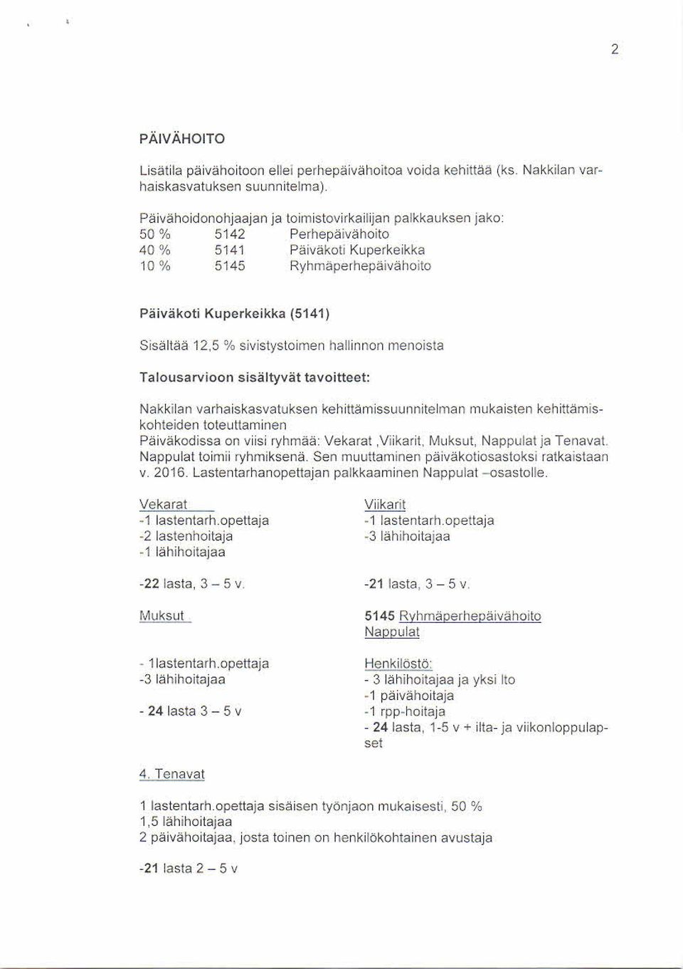 % sivistystoimen hallinnon menois:a Talousarvioon sisältyvät tavoitteet: Nakkilan varhaiskasvatuksen kehittämissuunnitelman mukaisten kehittämiskohteiden toteuttaminen Päiväkodissa on viisi ryhmää: