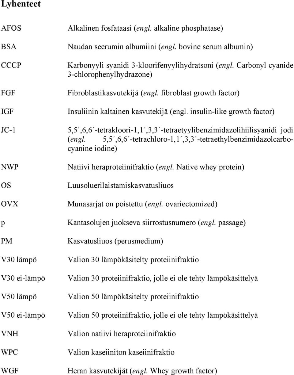 fibroblast growth factor) Insuliinin kaltainen kasvutekijä (engl. insulin-like growth factor) 5,5,6,6 -tetrakloori-1,1,3,3 -tetraetyylibenzimidazolihiilisyanidi jodi (engl.