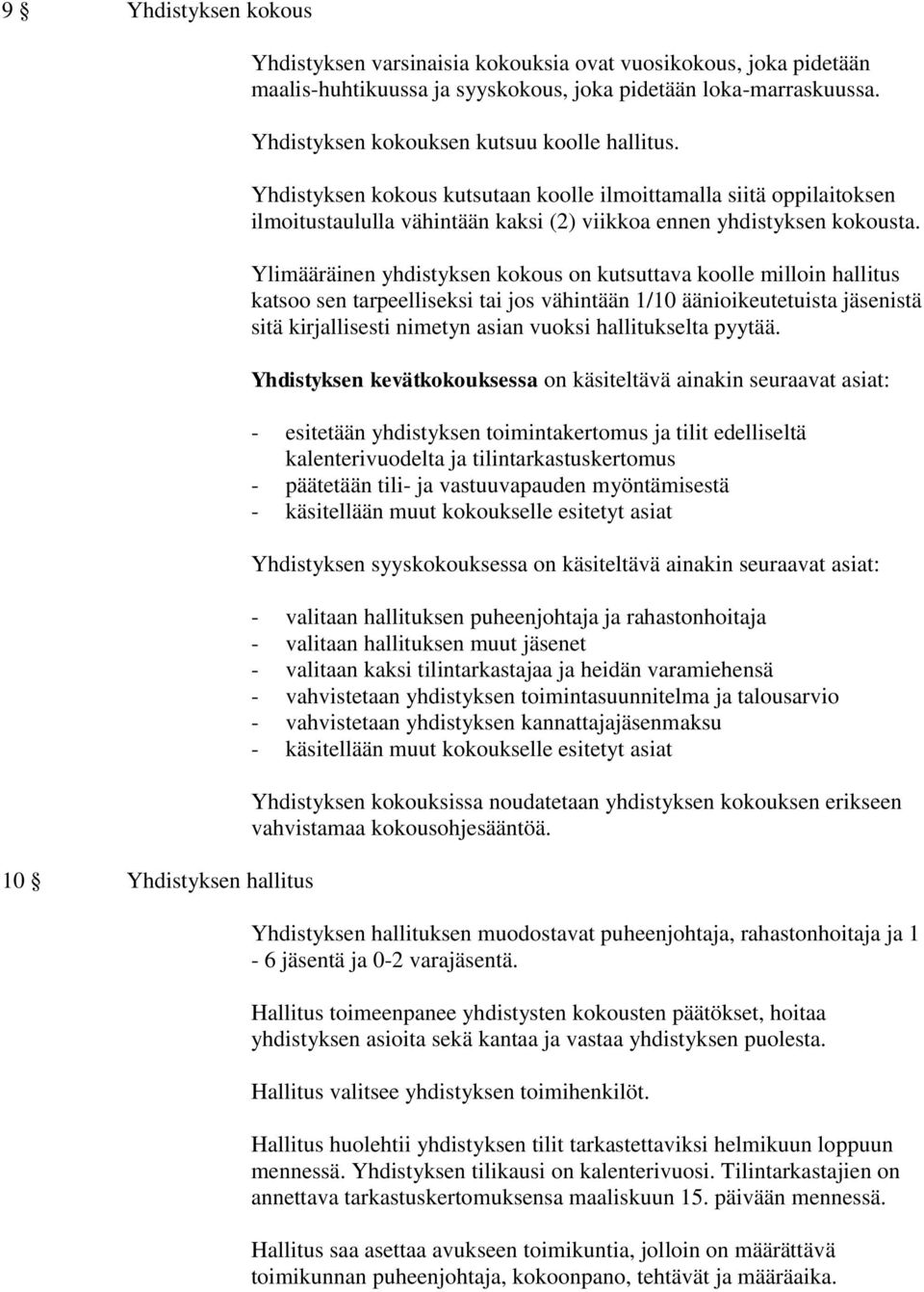 Ylimääräinen yhdistyksen kokous on kutsuttava koolle milloin hallitus katsoo sen tarpeelliseksi tai jos vähintään 1/10 äänioikeutetuista jäsenistä sitä kirjallisesti nimetyn asian vuoksi