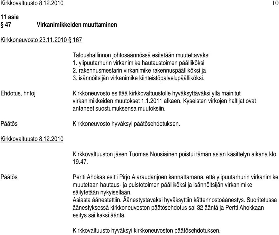 Kirkkoneuvosto esittää kirkkovaltuustolle hyväksyttäväksi yllä mainitut virkanimikkeiden muutokset 1.1.2011 alkaen. Kyseisten virkojen haltijat ovat antaneet suostumuksensa muutoksiin.