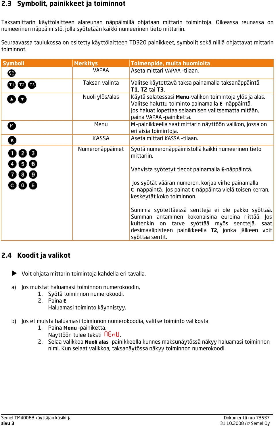 Seuraavassa taulukossa on esitetty käyttölaitteen TD320 painikkeet, symbolit sekä niillä ohjattavat mittarin toiminnot. Symboli Merkitys Toimenpide, muita huomioita VAPAA Aseta mittari VAPAA tilaan.