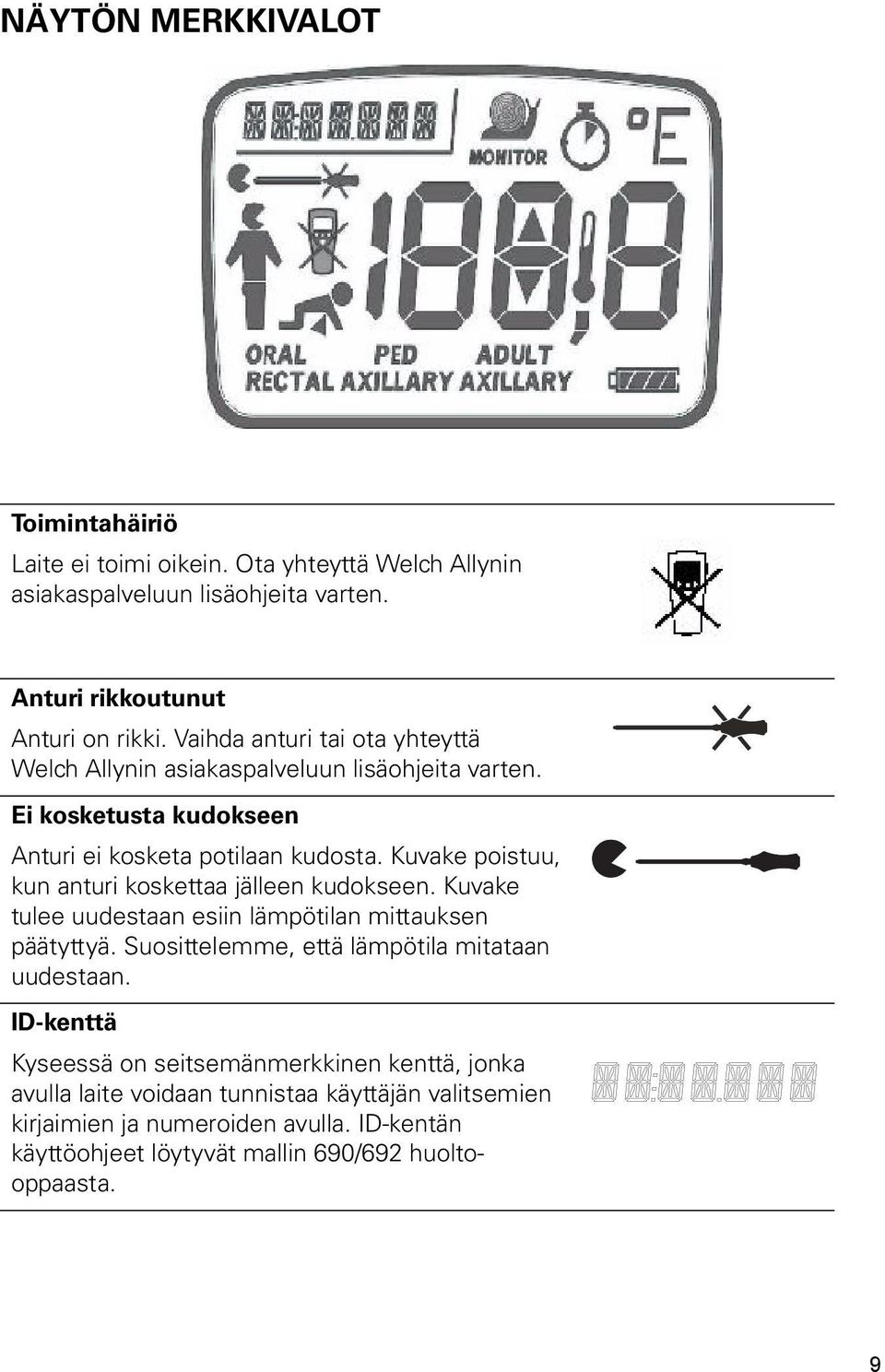 Kuvake poistuu, kun anturi koskettaa jälleen kudokseen. Kuvake tulee uudestaan esiin lämpötilan mittauksen päätyttyä. Suosittelemme, että lämpötila mitataan uudestaan.
