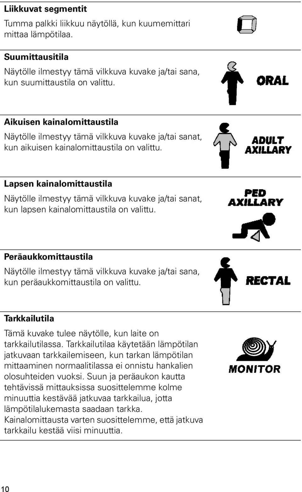Lapsen kainalomittaustila Näytölle ilmestyy tämä vilkkuva kuvake ja/tai sanat, kun lapsen kainalomittaustila on valittu.
