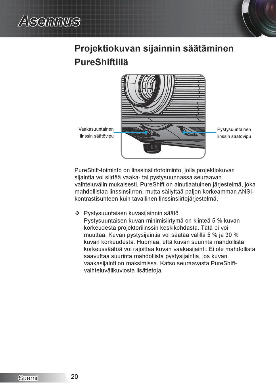 PureShift on ainutlaatuinen järjestelmä, joka mahdollistaa linssinsiirron, mutta säilyttää paljon korkeamman ANSIkontrastisuhteen kuin tavallinen linssinsiirtojärjestelmä.
