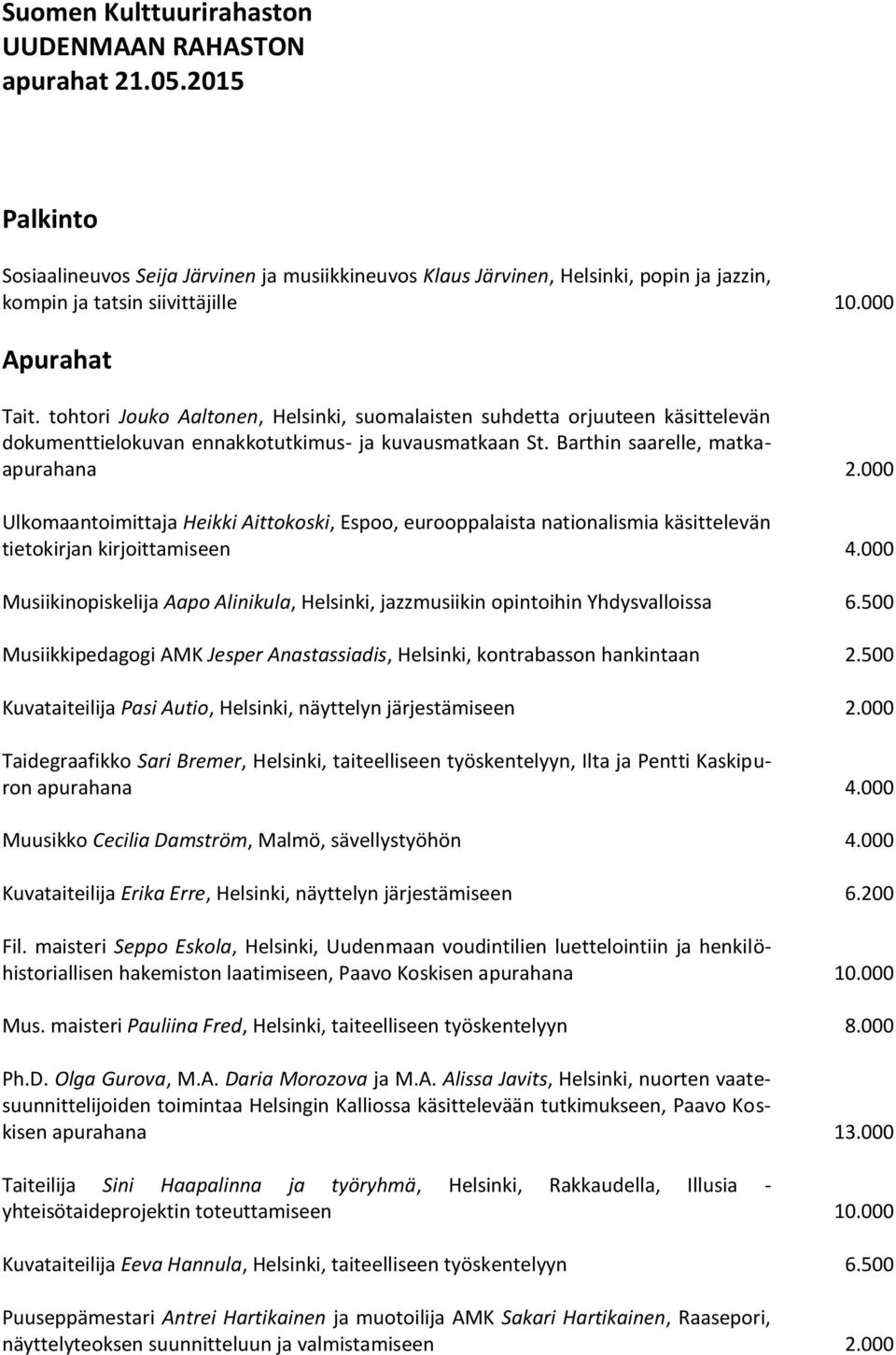 000 Ulkomaantoimittaja Heikki Aittokoski, Espoo, eurooppalaista nationalismia käsittelevän tietokirjan kirjoittamiseen 4.