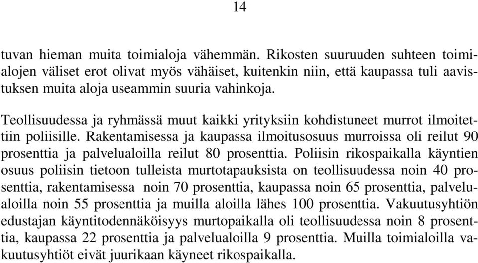 Teollisuudessa ja ryhmässä muut kaikki yrityksiin kohdistuneet murrot ilmoitettiin poliisille.