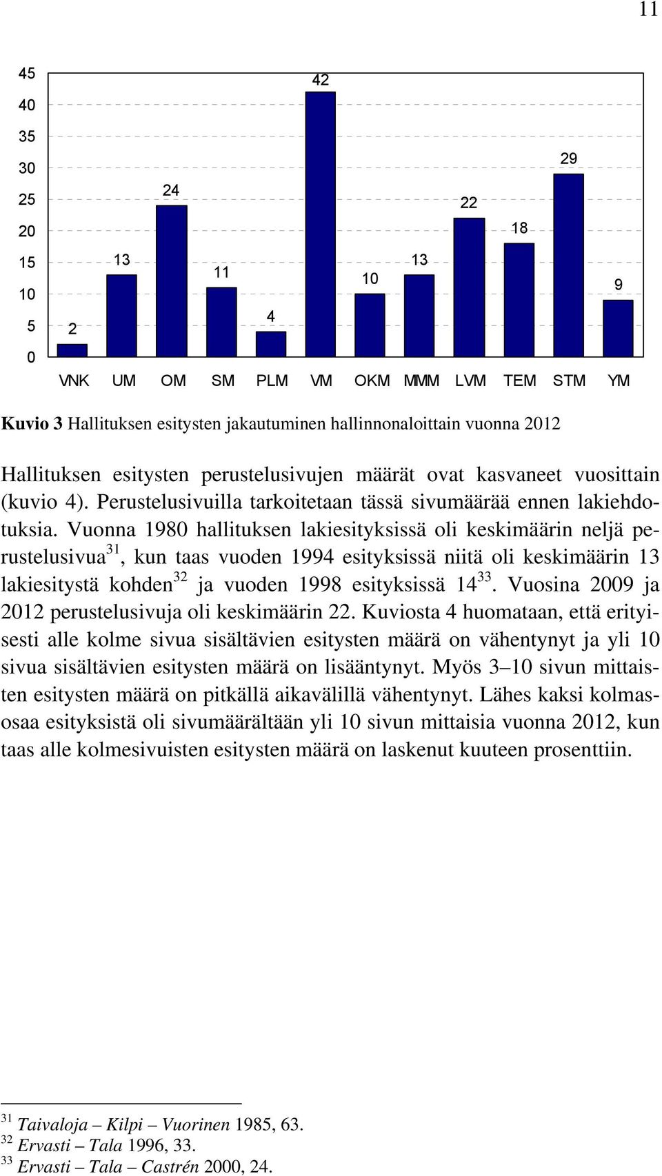 Vuonna 1980 hallituksen lakiesityksissä oli keskimäärin neljä perustelusivua 31, kun taas vuoden 1994 esityksissä niitä oli keskimäärin 13 lakiesitystä kohden 32 ja vuoden 1998 esityksissä 14 33.