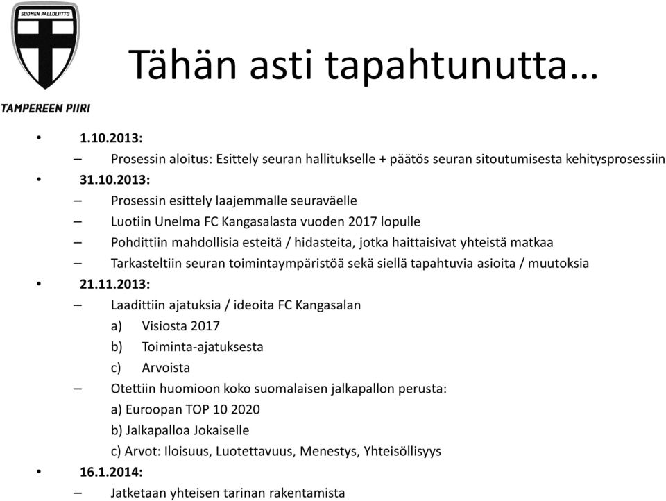 2013: Prosessin esittely laajemmalle seuraväelle Luotiin Unelma FC Kangasalasta vuoden 2017 lopulle Pohdittiin mahdollisia esteitä / hidasteita, jotka haittaisivat yhteistä matkaa