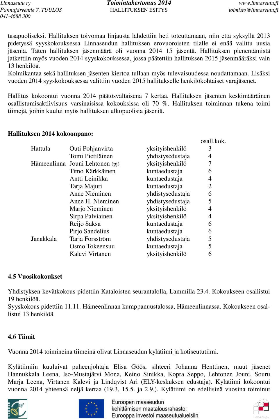 Täten hallituksen jäsenmäärä oli vuonna 2014 15 jäsentä. Hallituksen pienentämistä jatkettiin myös vuoden 2014 syyskokouksessa, jossa päätettiin hallituksen 2015 jäsenmääräksi vain 13 henkilöä.