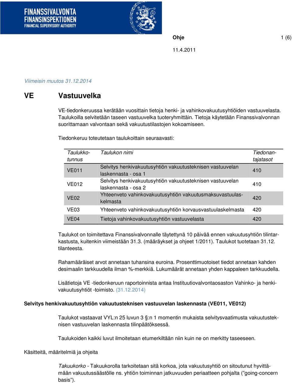 Tiedonkeruu toteutetaan taulukoittain seuraavasti: Taulukon nimi VE011 Selvitys henkivakuutusyhtiön vakuutusteknisen vastuuvelan laskennasta - osa 1 410 VE012 Selvitys henkivakuutusyhtiön