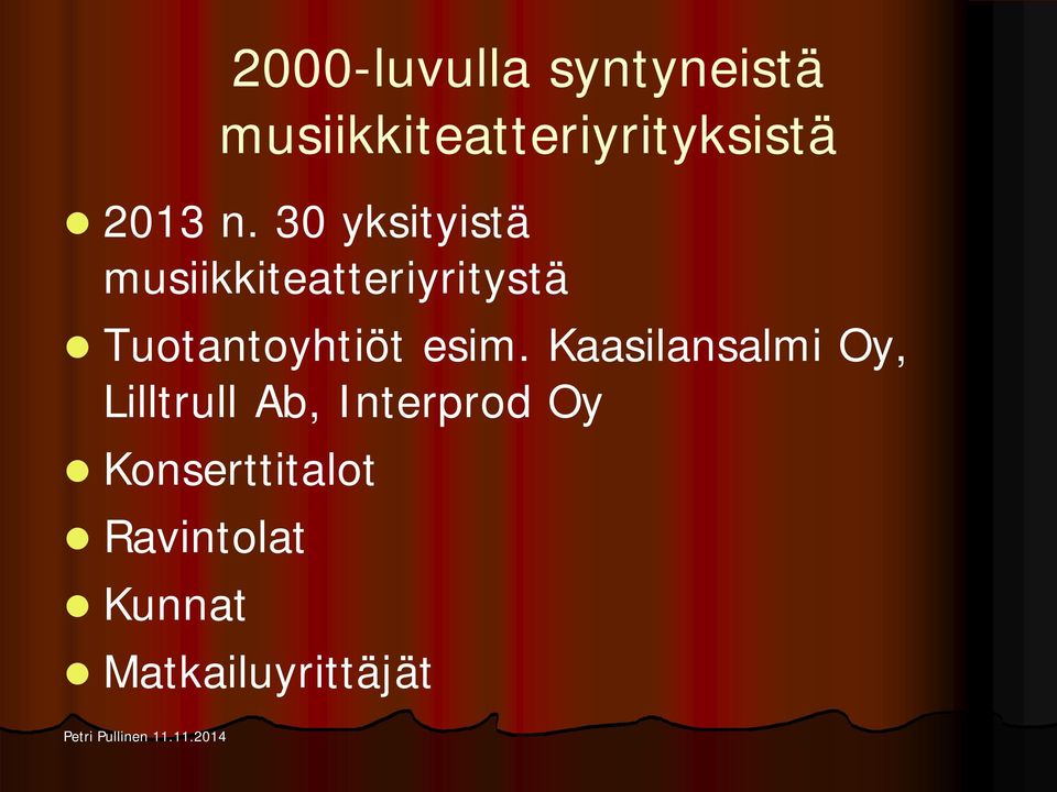 30 yksityistä musiikkiteatteriyritystä Tuotantoyhtiöt