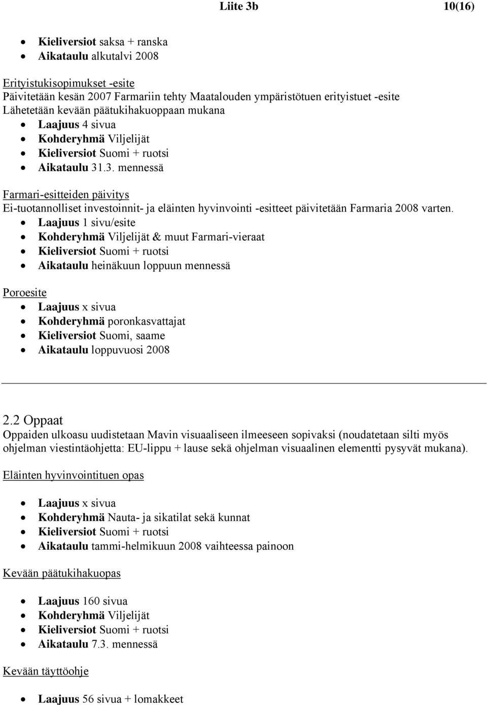 .3. mennessä Farmari-esitteiden päivitys Ei-tuotannolliset investoinnit- ja eläinten hyvinvointi -esitteet päivitetään Farmaria 2008 varten.