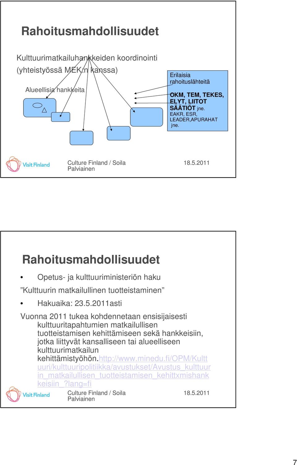 2011asti Vuonna 2011 tukea kohdennetaan ensisijaisesti kulttuuritapahtumien matkailullisen tuotteistamisen kehittämiseen sekä hankkeisiin, jotka liittyvät kansalliseen tai