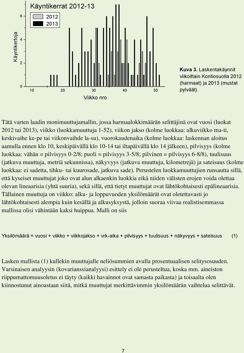 ke-pe tai viikonvaihde la-su), vuorokaudenaika (kolme luokkaa: laskennan aloitus aamulla ennen klo 10, keskipäivällä klo 10-14 tai iltapäivällä klo 14 jälkeen), pilvisyys (kolme luokkaa: vähän =