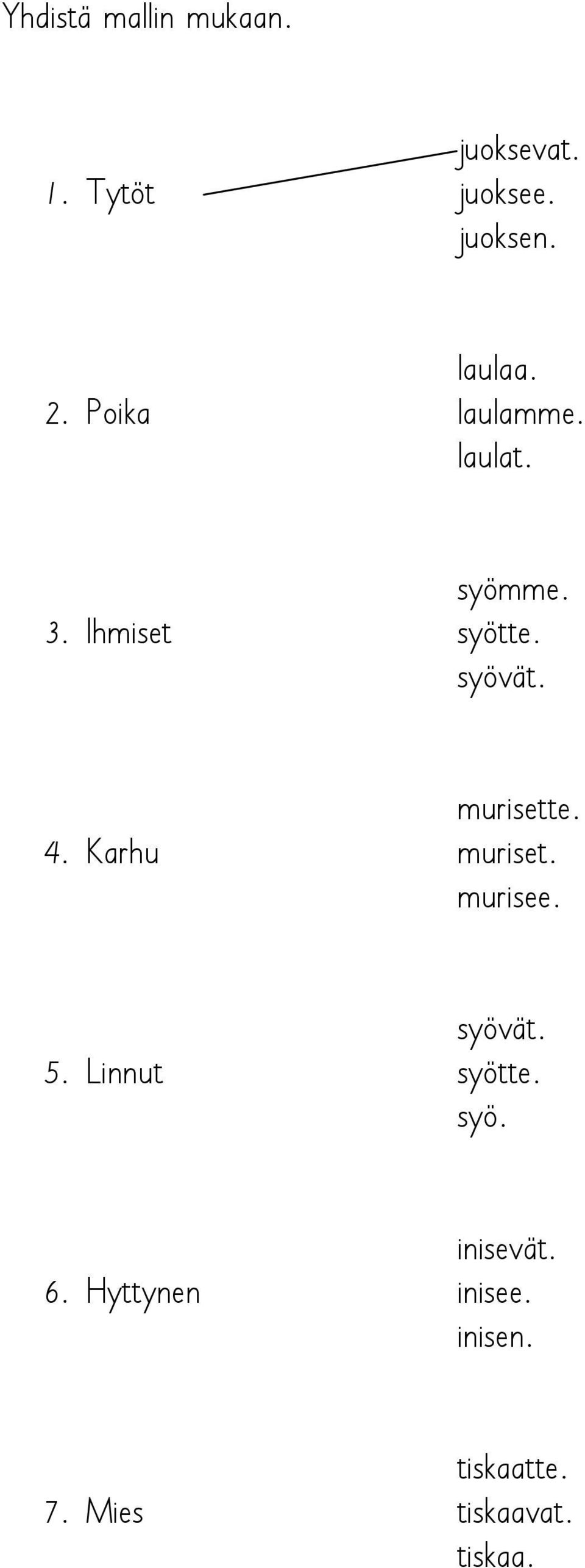 murisette. 4. Karhu muriset. murisee. syövät. 5. Linnut syötte. syö. inisevät.