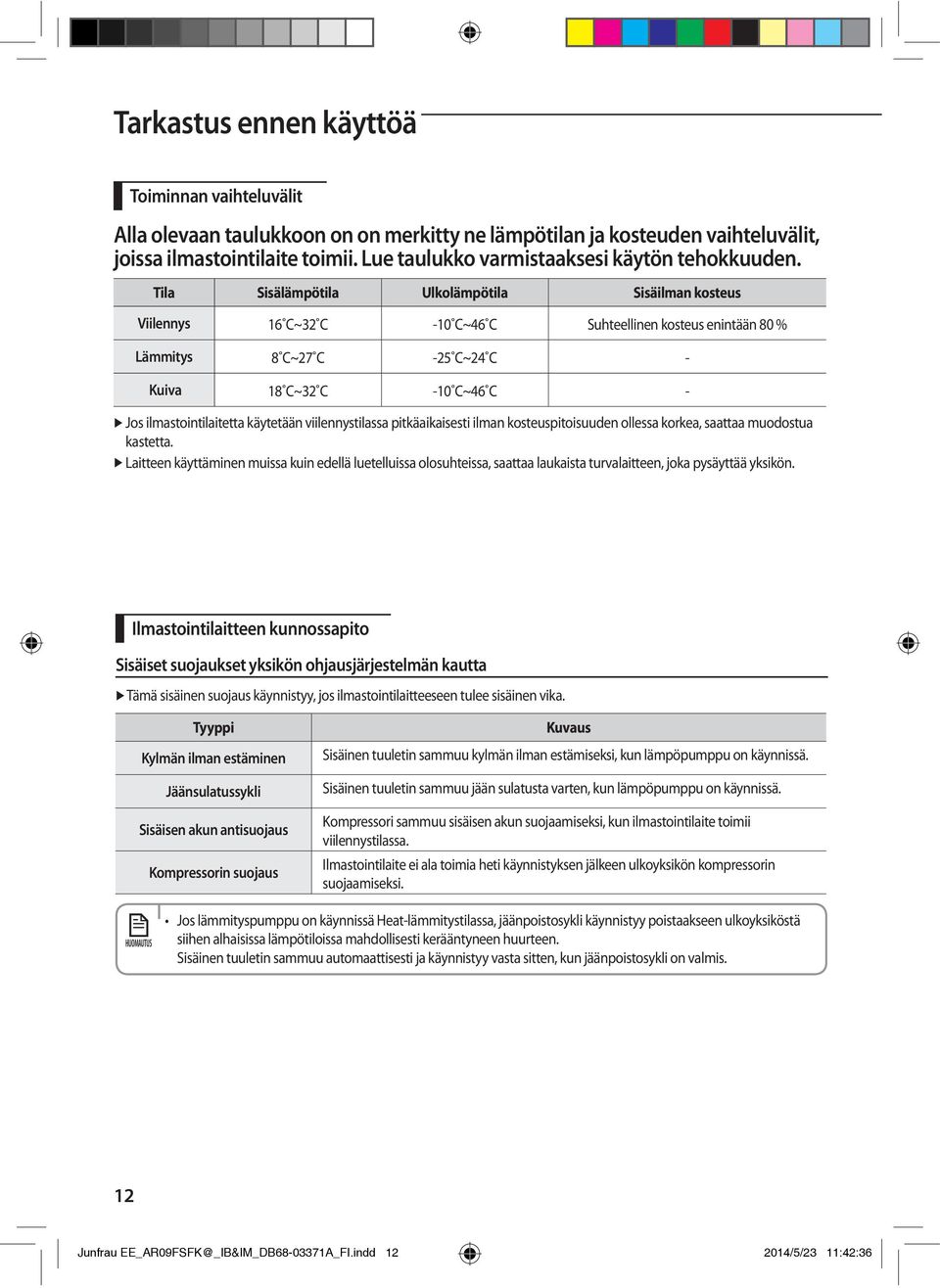 Tila Sisälämpötila Ulkolämpötila Sisäilman kosteus Viilennys 16 C~32 C -10 C~46 C Suhteellinen kosteus enintään 80 % Lämmitys 8 C~27 C -25 C~24 C - Kuiva 18 C~32 C -10 C~46 C - Jos