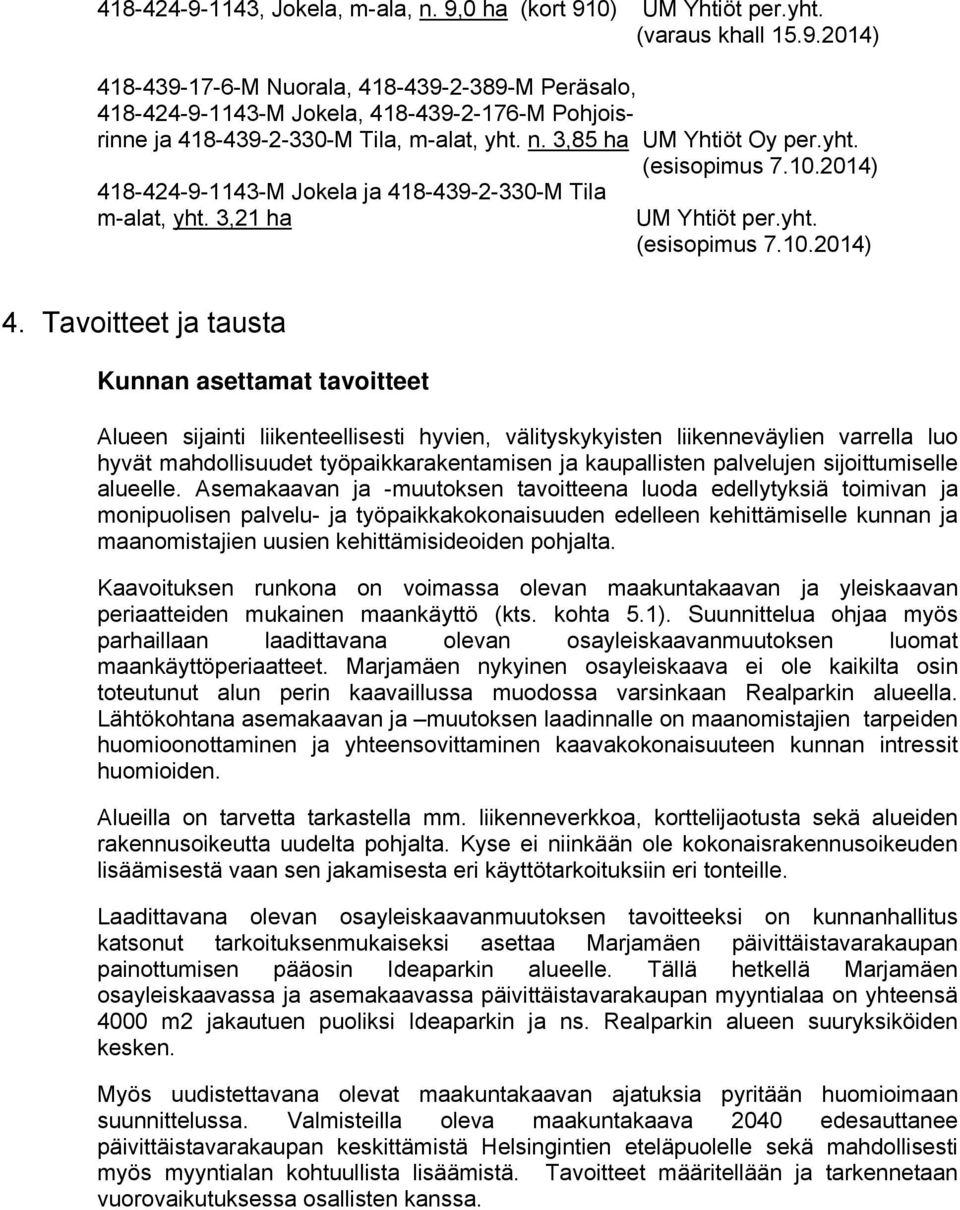 8-424-9-1143-M Jokela ja 418-439-2-330-M Tila m-alat, yht. 3,21 ha UM Yhtiöt per.yht. (esisopimus 7.10.2014) 4.
