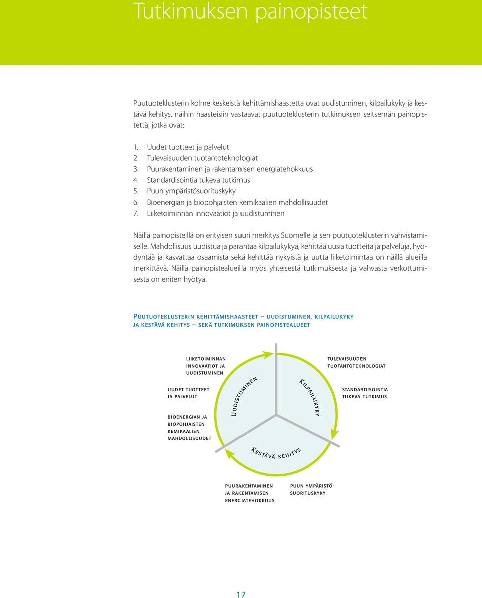 Puurakentaminen ja rakentamisen energiatehokkuus 4. Standardisointia tukeva tutkimus 5. Puun ympäristösuorituskyky 6. Bioenergian ja biopohjaisten kemikaalien mahdollisuudet 7.