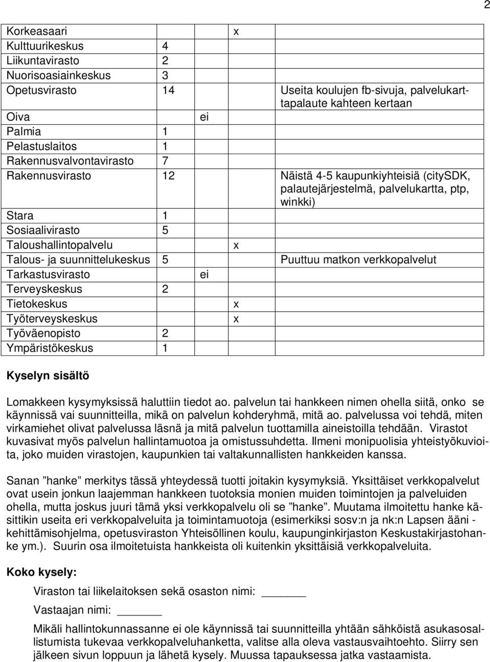 suunnittelukeskus 5 Puuttuu matkon verkkopalvelut Tarkastusvirasto ei Terveyskeskus 2 Tietokeskus Työterveyskeskus Työväenopisto 2 Ympäristökeskus 1 Kyselyn sisältö Lomakkeen kysymyksissä haluttiin