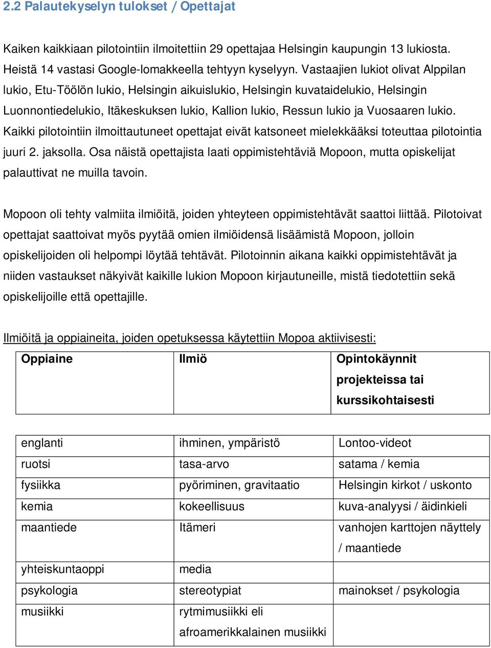 lukio. Kaikki pilotointiin ilmoittautuneet opettajat eivät katsoneet mielekkääksi toteuttaa pilotointia juuri 2. jaksolla.
