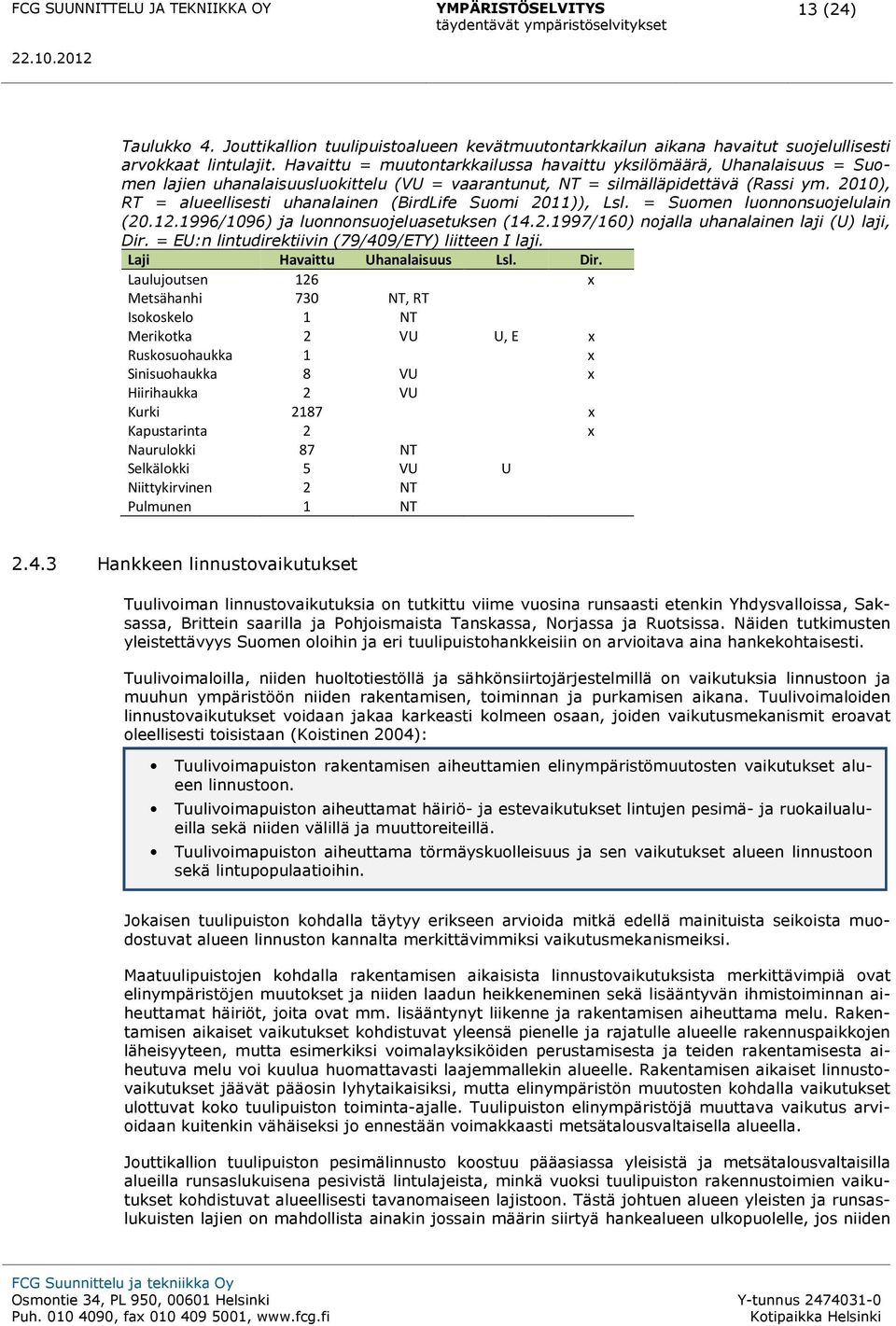 Havaittu = muutontarkkailussa havaittu yksilömäärä, Uhanalaisuus = Suomen lajien uhanalaisuusluokittelu (VU = vaarantunut, NT = silmälläpidettävä (Rassi ym.